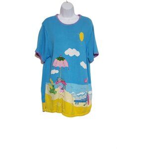 Quacker Factory Sweater Women's L Short-sleeve Pullover Appliqued Beach Blue